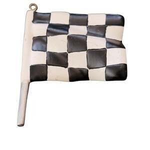 Unmarked Racing Checkered Flag Ornament Small Black White Resin Hanging Decor